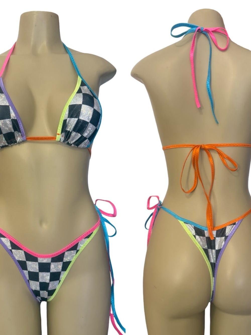 Holographic Black & White Checkerboard Triangle Bikini with Neon Trim